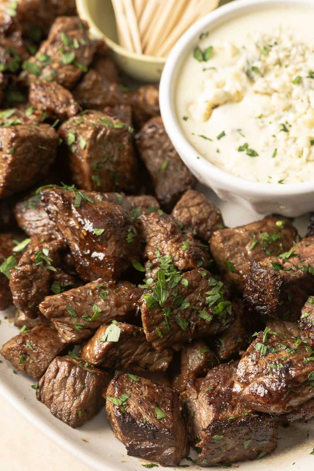 Steak Bites Appetizer with Blue Cheese Sauce Peel with Zeal