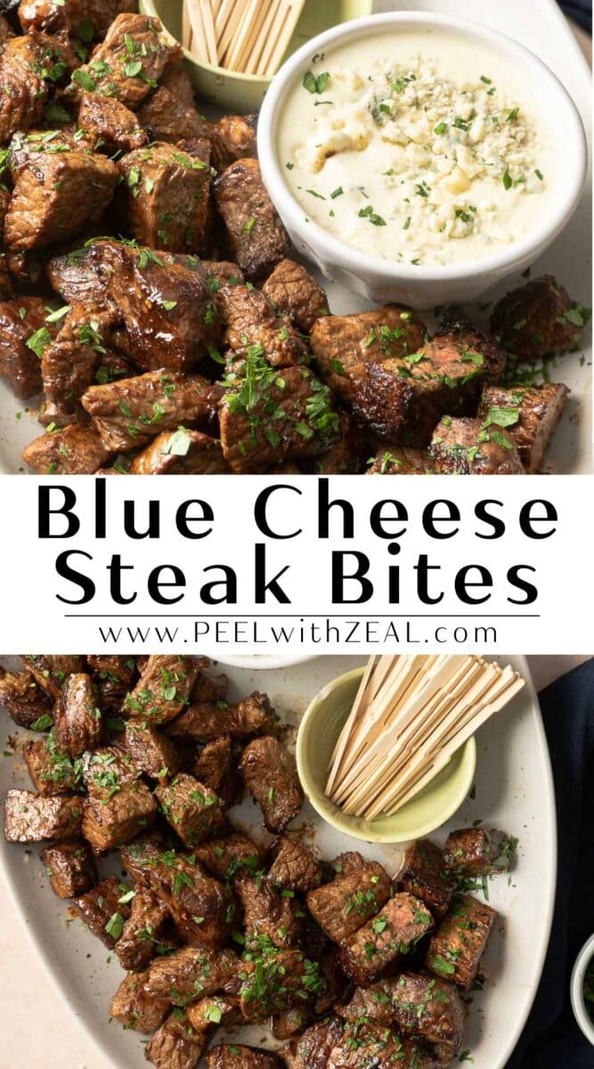 Steak bites garnished with herbs, served with a blue cheese dip, and wooden skewers on the side.