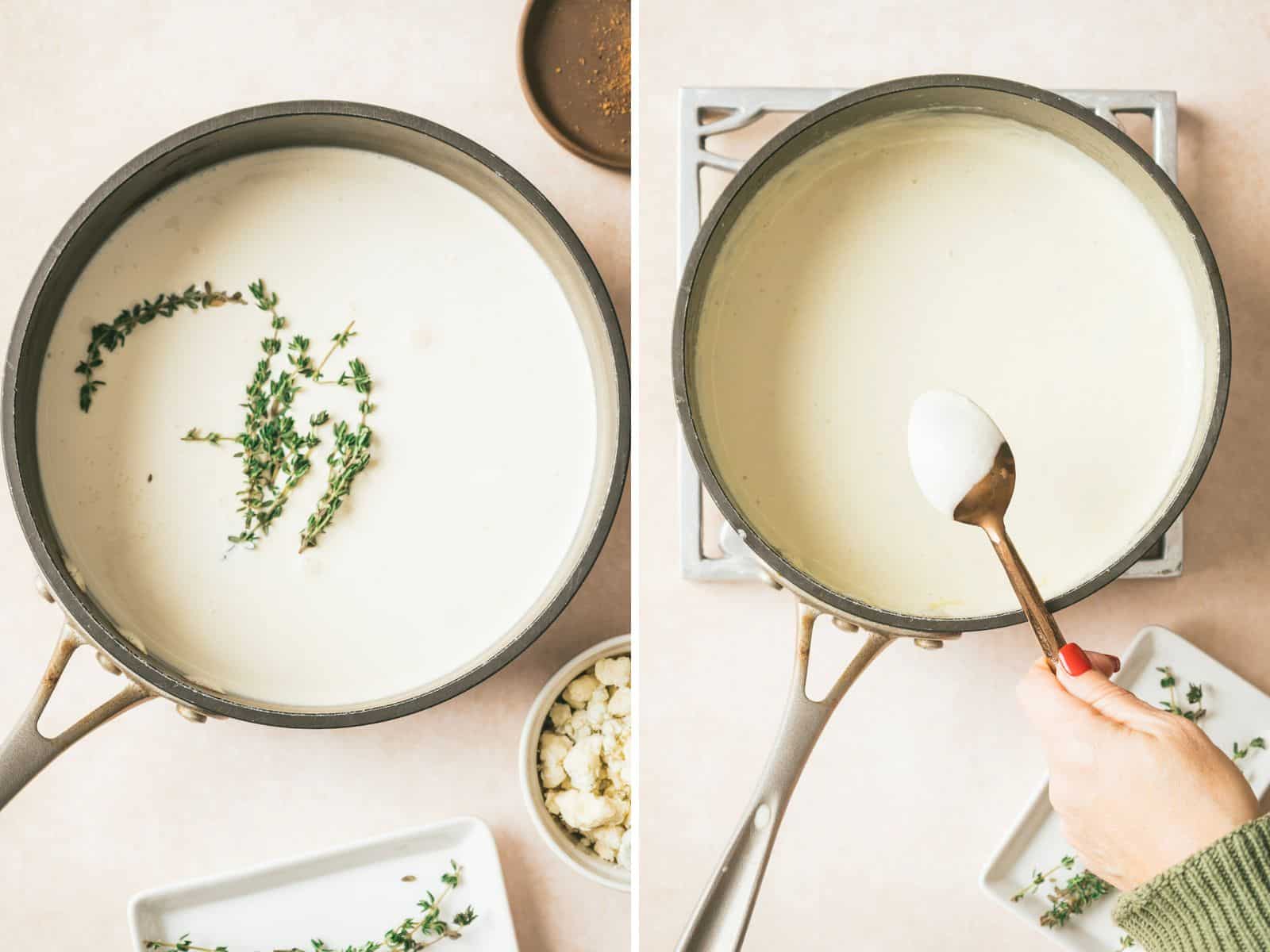 A pot with creamy blue sauce, herbs on the left, and a hand stirring in rich blue cheese sauce with a spoon on the right.