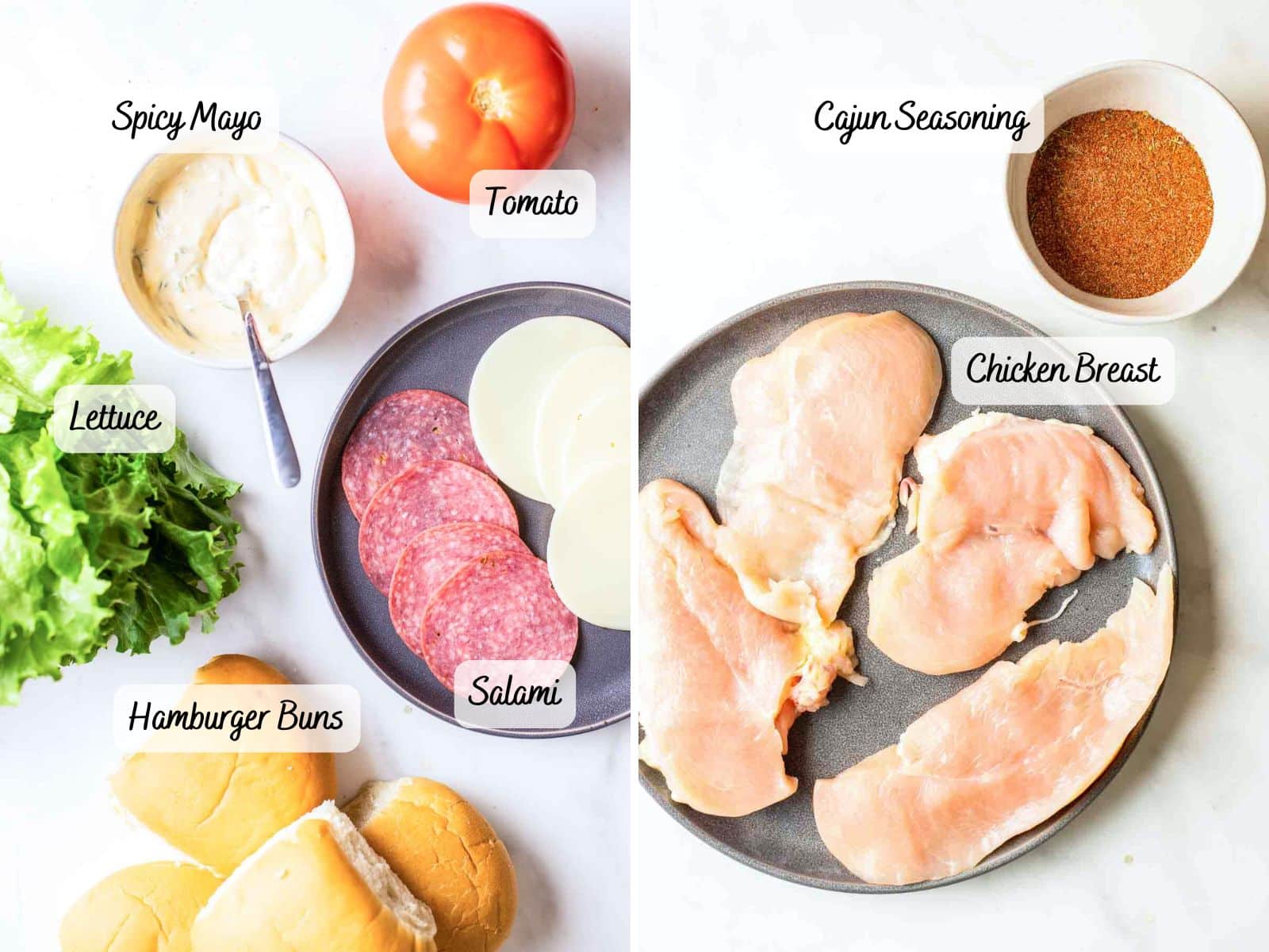 Ingredients organized on a table include spicy mayo, lettuce, hamburger buns, tomato, salami, cheese, chicken breast, and Cajun seasoning.
