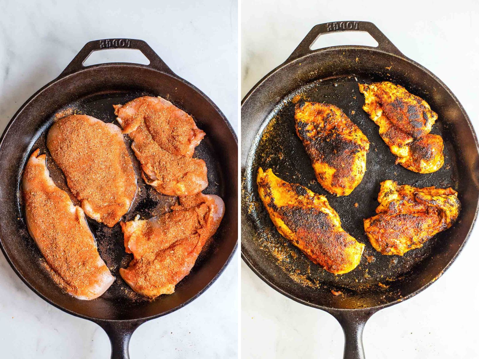 Side-by-side images of a cast iron pan: raw seasoned chicken on the left, cooked and browned chicken on the right.