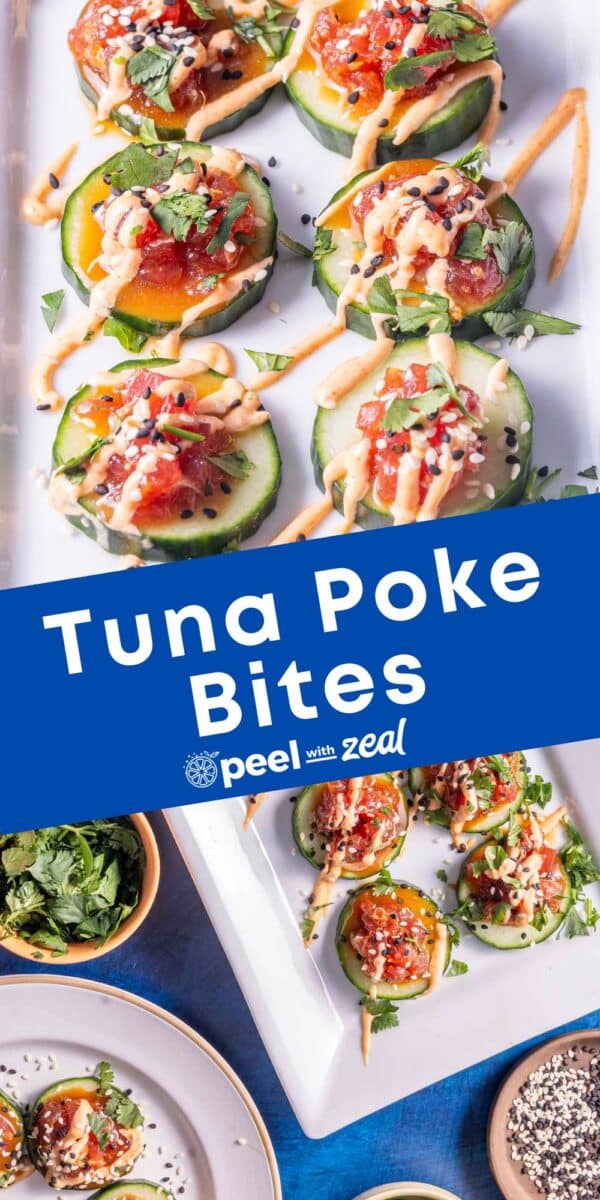 Cucumber slices topped with tuna, avocado, and garnishes, displayed on a platter with a text overlay reading "Tuna Poke Bites" and a logo.