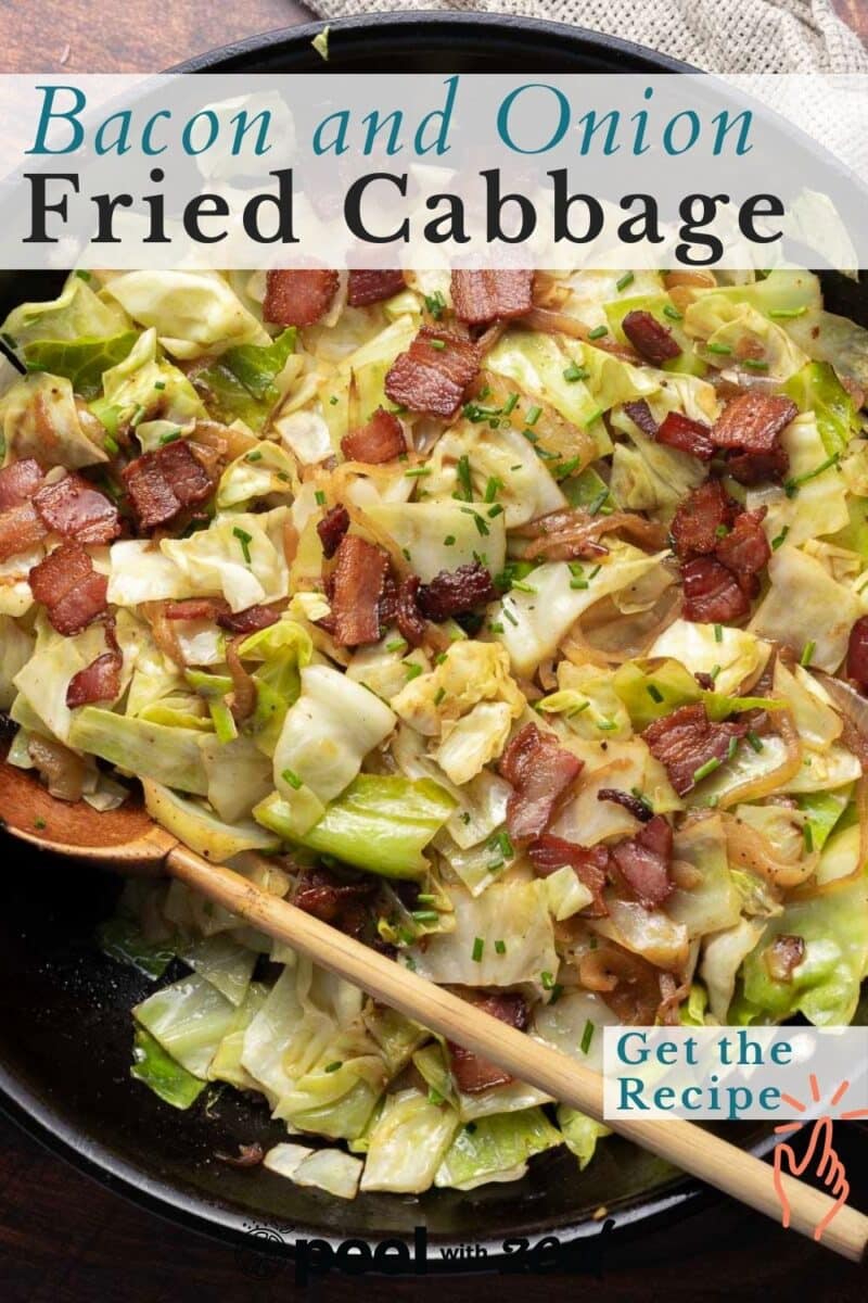 A skillet filled with savory fried cabbage, crispy bacon, and tender onions is paired with a wooden spoon. The text reads "Bacon and Onion Fried Cabbage" alongside a button inviting you to "Get the Recipe.