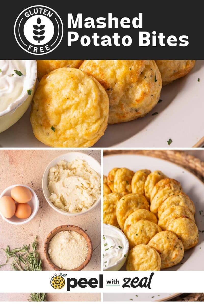A plate of mashed potato bites with a side of dip. Ingredients including eggs, cheese, and mashed potatoes are displayed. The image features a "gluten-free" label.