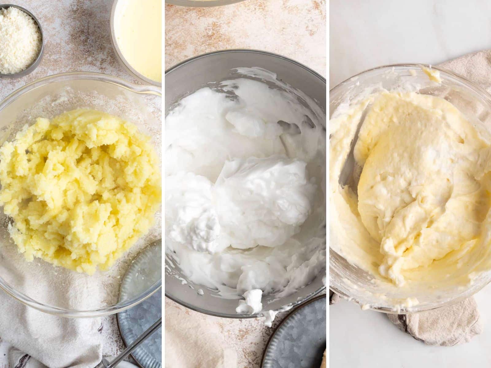Three mixing bowls reveal the stages of crafting Mashed Potato Puffs: creamy mashed potatoes, fluffy whipped egg whites, and a harmonious blend of both with hints of rosemary and Parmesan for a savory delight.