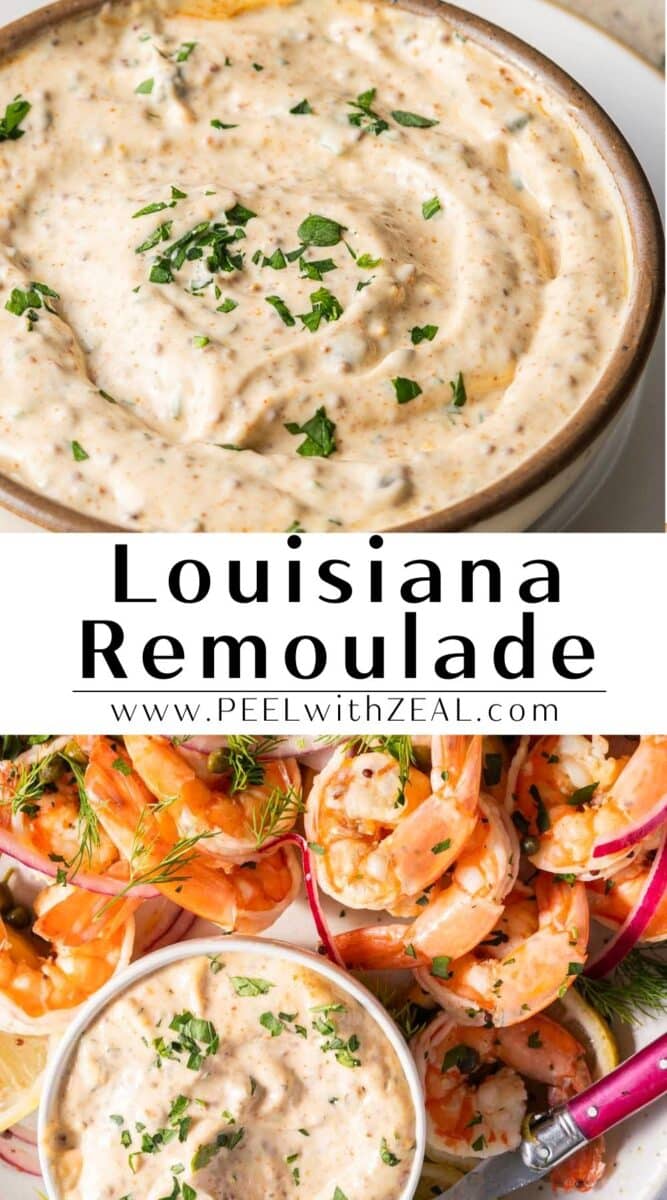 Bowl of Louisiana remoulade sauce with parsley garnish, accompanied by a platter of shrimp and a small bowl of the sauce. Text reads "Louisiana Remoulade" with a website link.