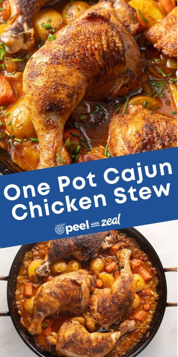 A skillet with Cajun chicken stew, featuring tender chicken and vegetables in a rich sauce. A blue banner reads "One Pot Cajun Chicken Stew.