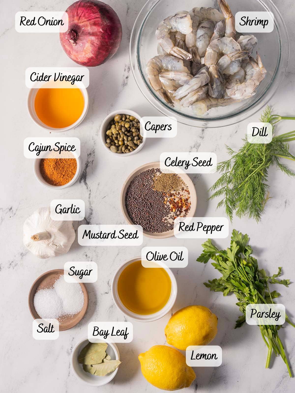 Various ingredients are arranged on a marble surface, including shrimp, red onion, dill, parsley, lemon, garlic, olive oil, and assorted spices in small bowls.