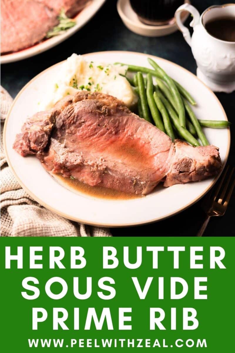 A plate of sous vide prime rib accompanied by creamy mashed potatoes and crisp green beans sits next to a steaming cup of coffee. Text reads: "Herb Butter Sous Vide Prime Rib" with a website link.
