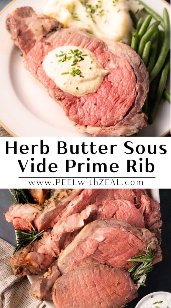 A plate of succulent sous vide prime rib served with creamy mashed potatoes and tender green beans, elegantly complemented by a sliced prime rib dish garnished with fragrant rosemary.