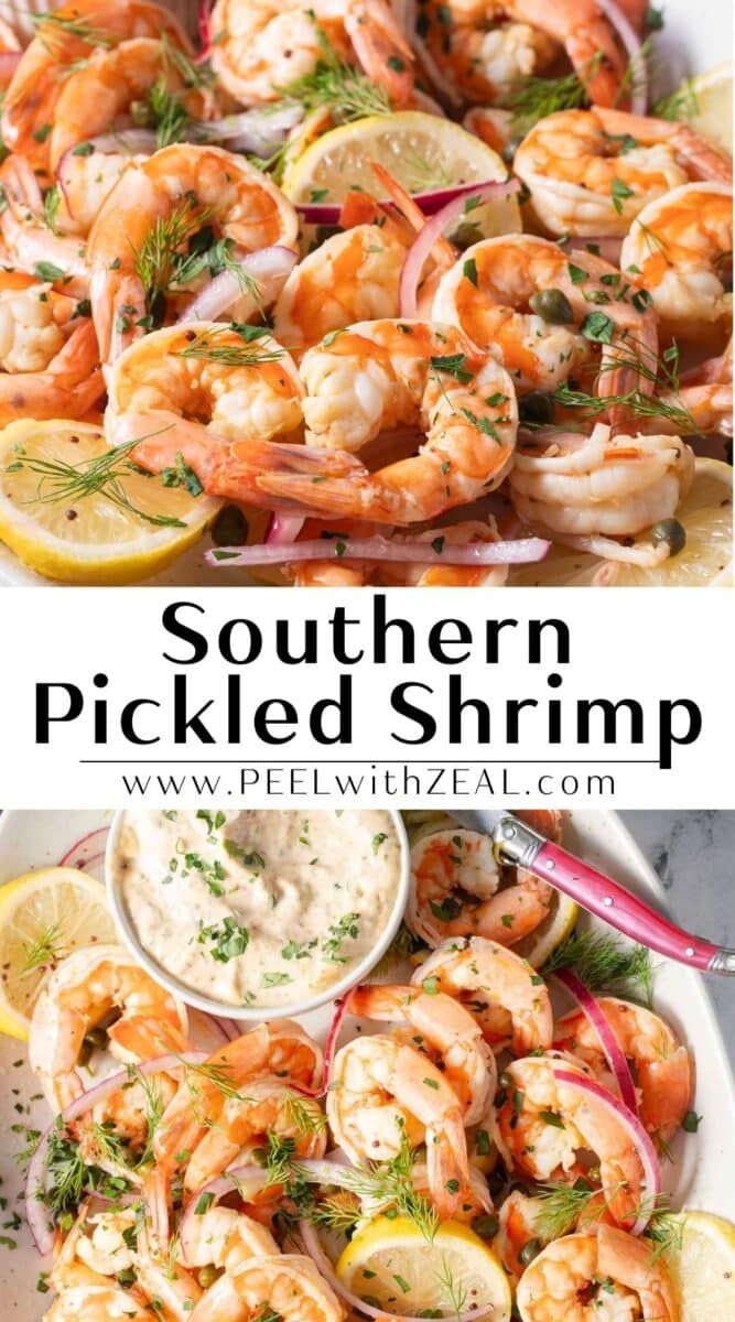 Shrimp garnished with lemon slices, dill, and onions on a plate, served with a creamy dipping sauce. Text reads "Southern Pickled Shrimp" with a website link.