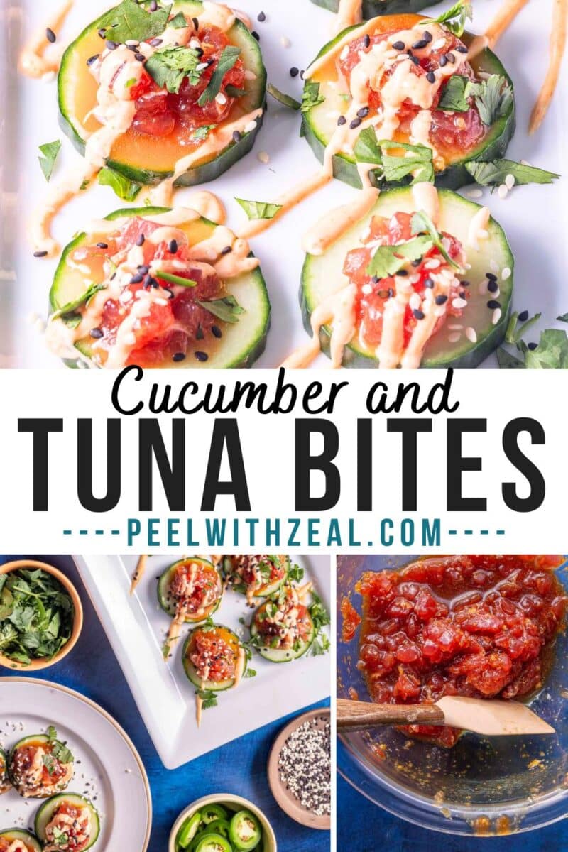 Cucumber slices topped with tuna, drizzled with sauce and garnished with herbs and seeds. Text overlay: "Cucumber and Tuna Bites" and "peelwithzeal.com.