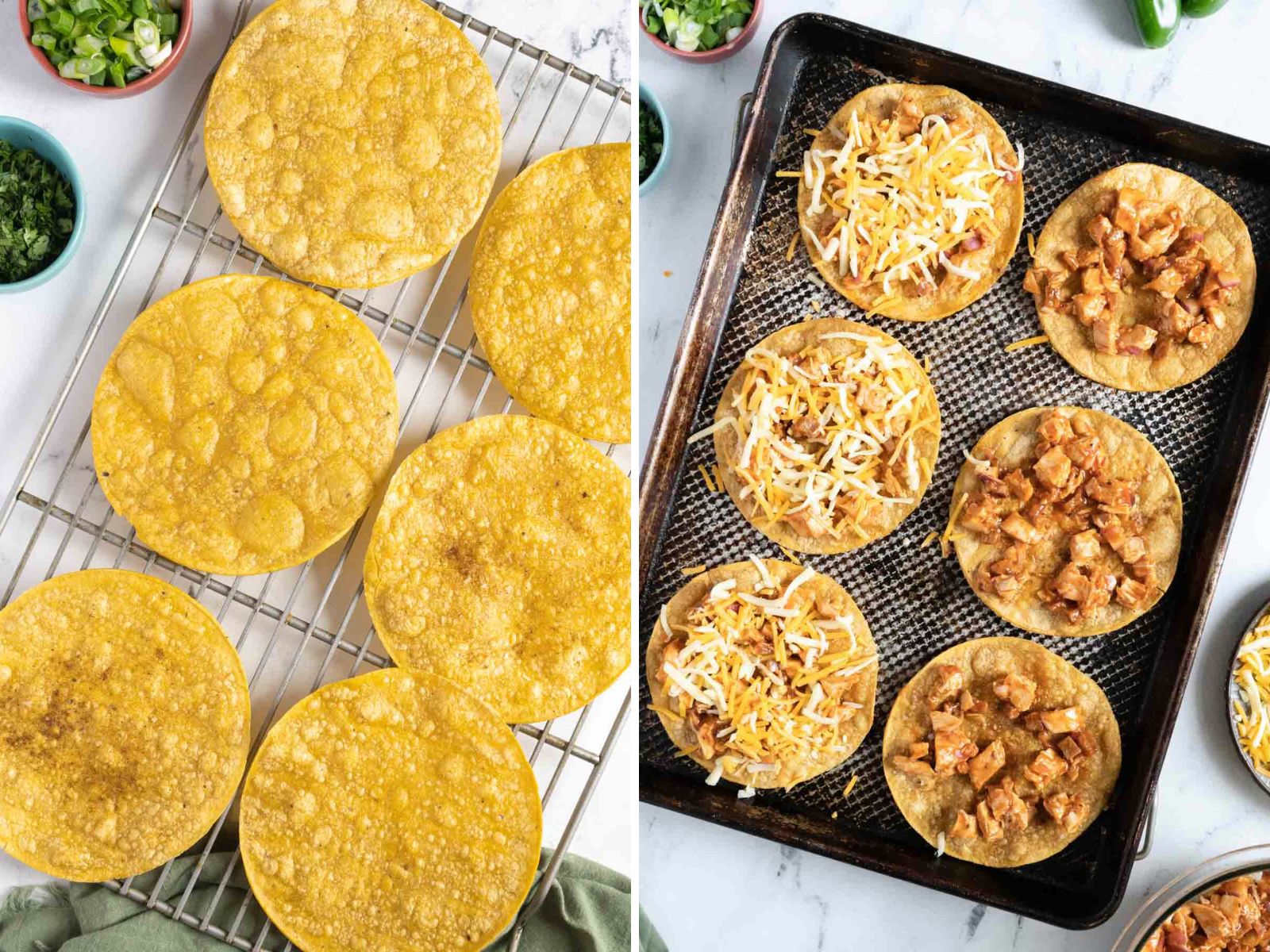 Side-by-side image: left shows corn tortillas cooling on a rack; right shows tortillas on a baking tray topped with shredded cheese and seasoned chicken.