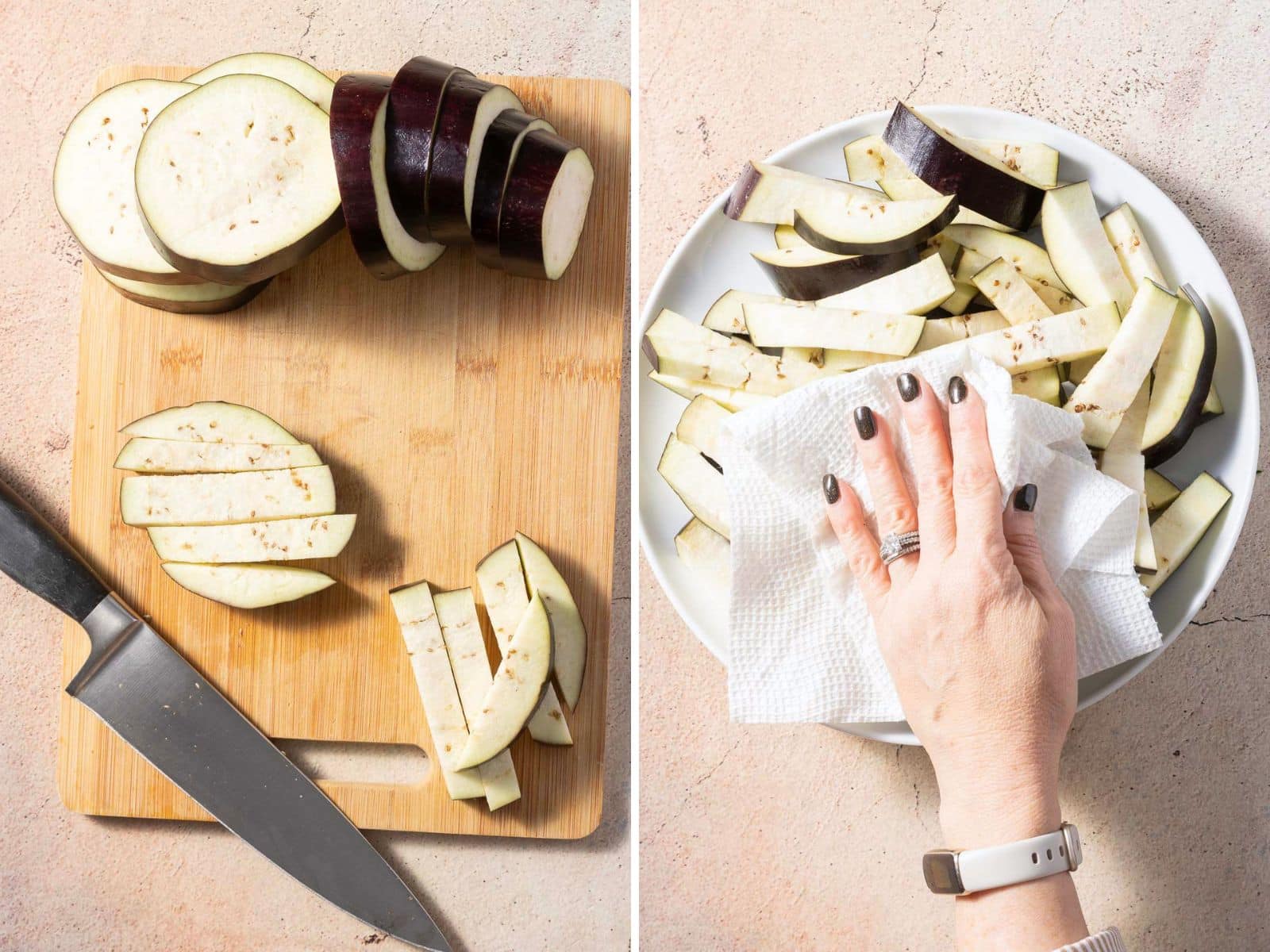 Sliced eggplant on a cutting board with a knife on the left; hand patting eggplant slices dry on a plate with a paper towel on the right.