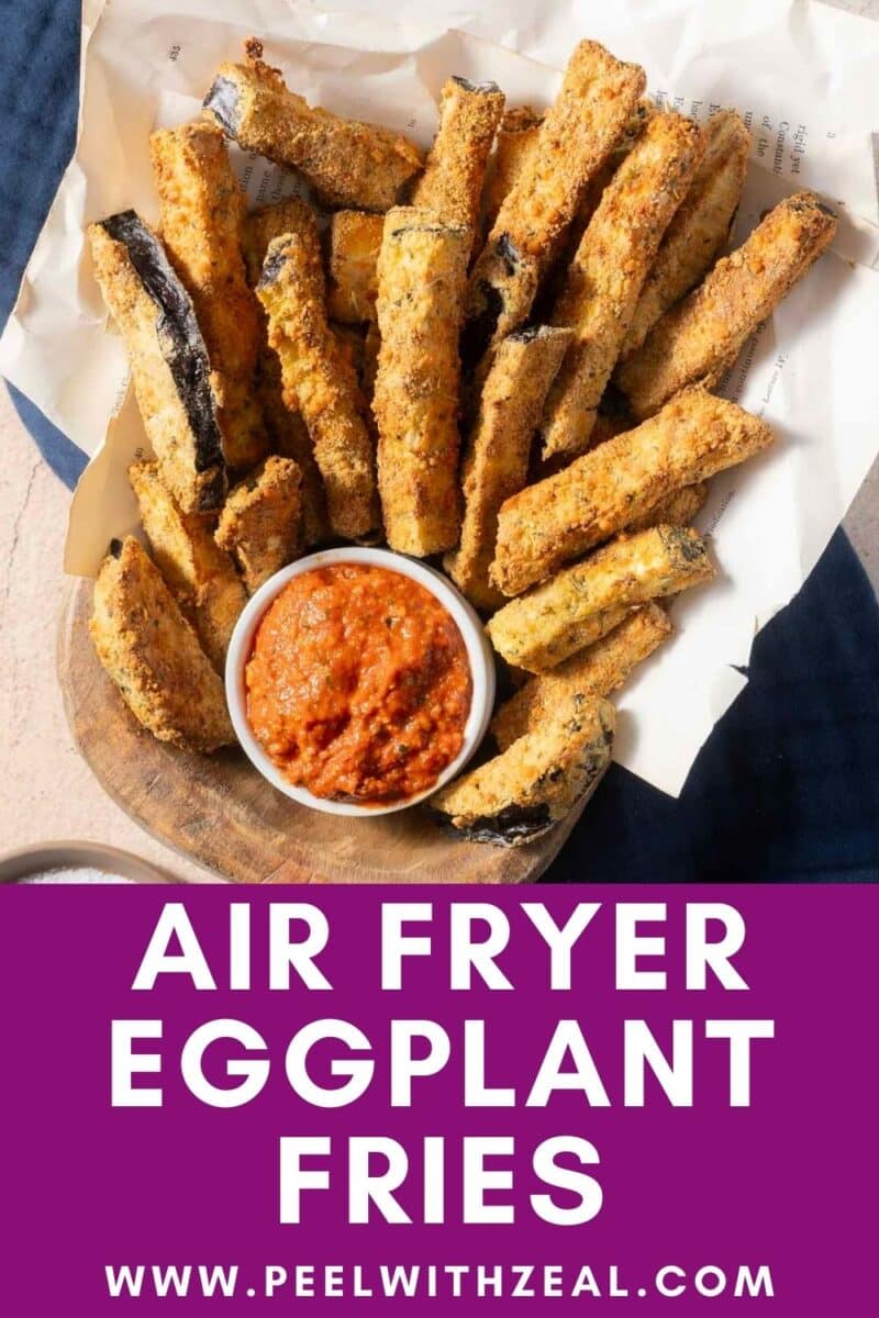 A plate of air fryer eggplant fries arranged around a bowl of red dipping sauce, with "Air Fryer Eggplant Fries" text below.