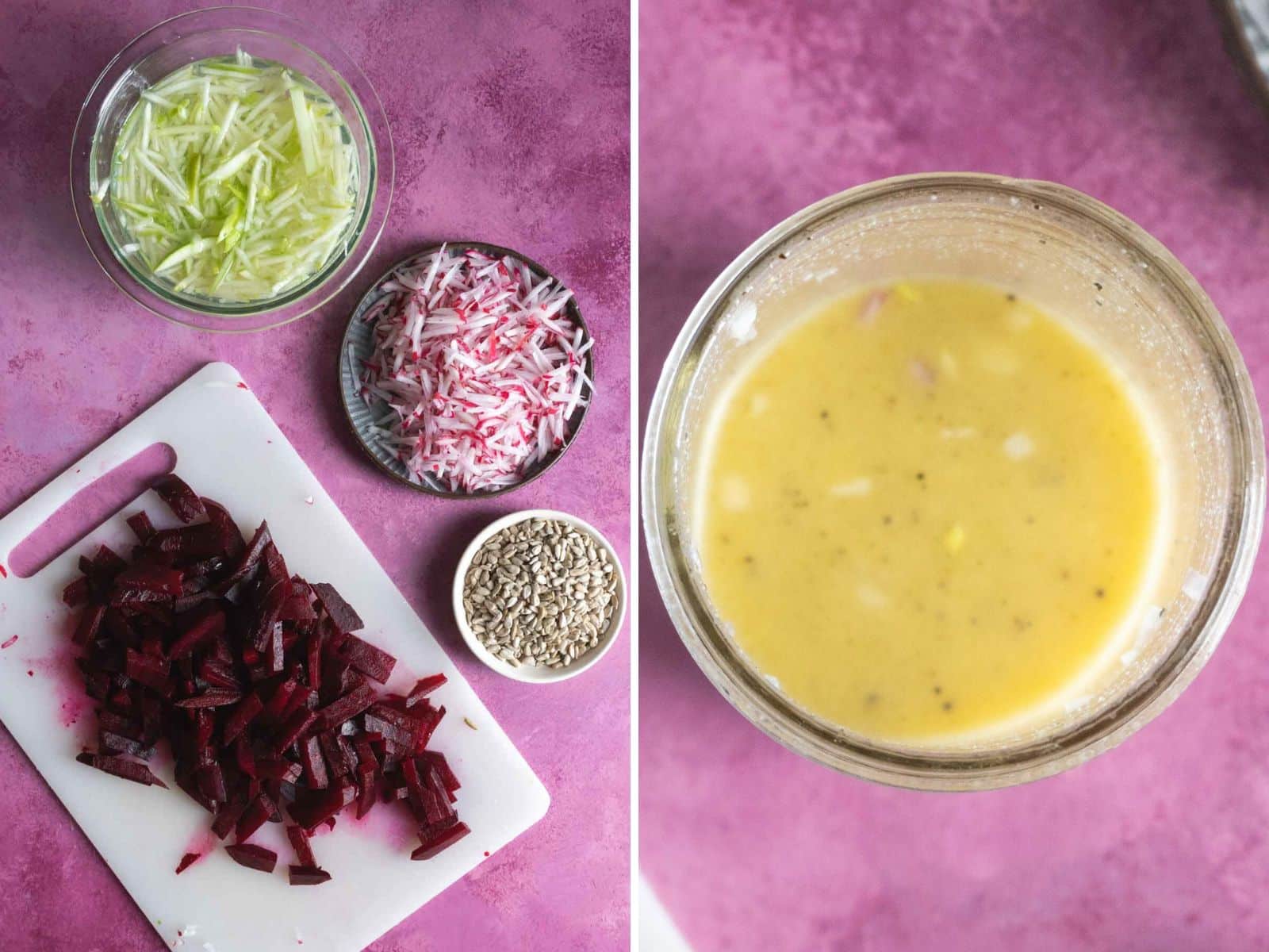 Chopped beets, sliced radish, shredded cucumber, sunflower seeds, and a creamy dressing are arranged on a pink surface.