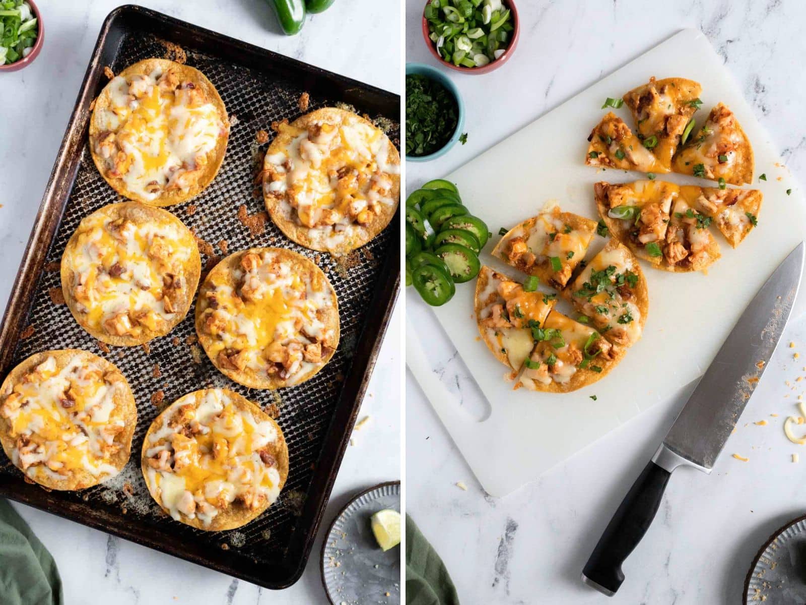 Mini pizza rounds on a baking tray; sliced pizza with toppings on a cutting board next to jalape&ntilde;o slices and a knife.