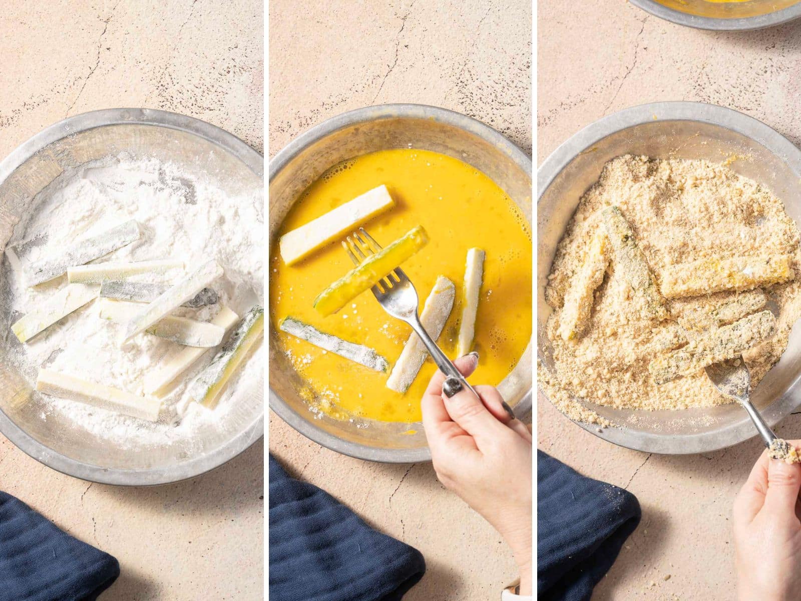 Three-step process: Crispy Zucchini Fries are coated in flour, dipped in egg wash, and covered with breadcrumbs in separate bowls before being cooked to perfection in an air fryer.