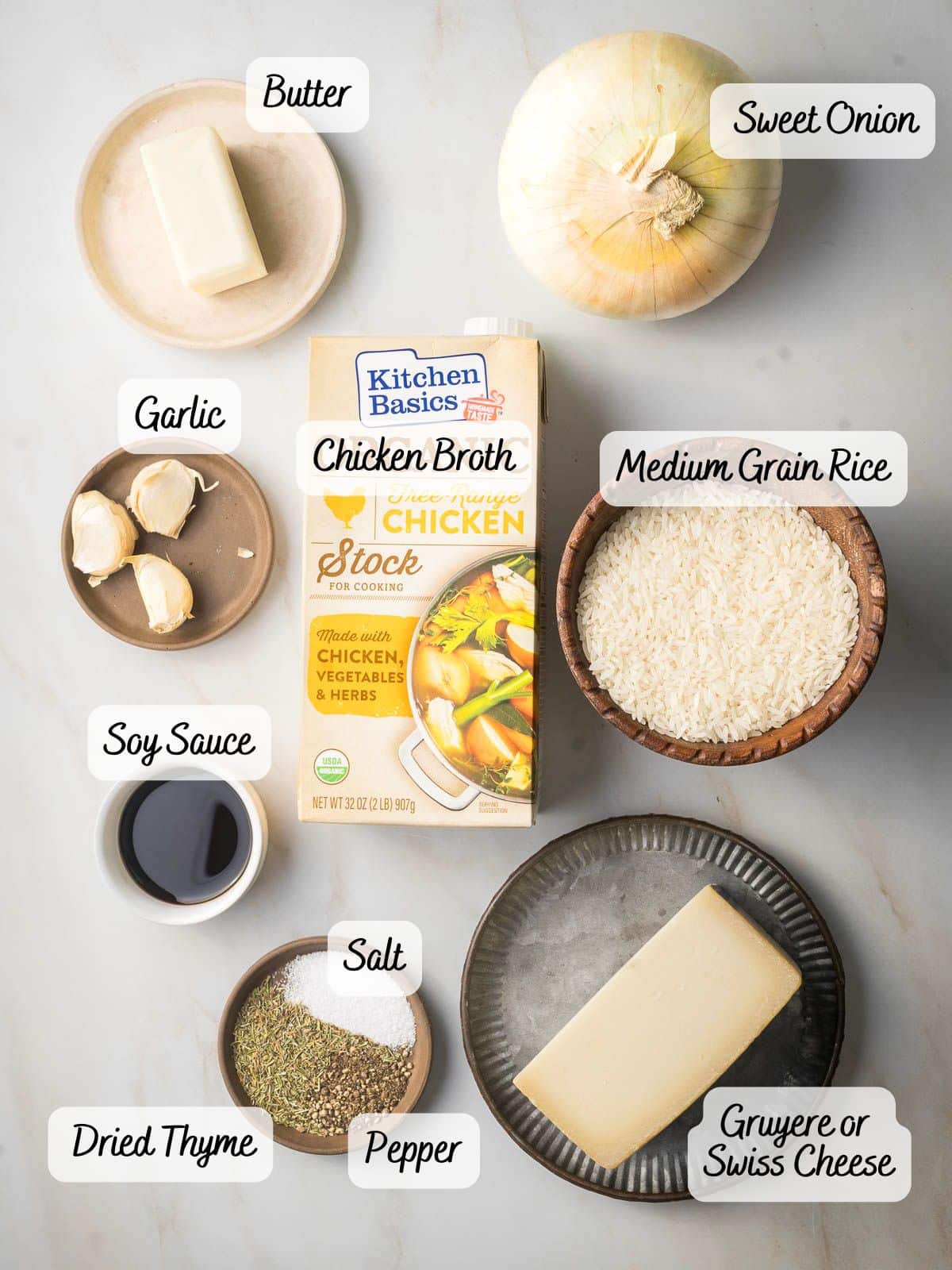 Ingredients arranged on a light surface include butter, sweet onion, garlic, chicken broth, medium grain rice, soy sauce, dried thyme, salt, pepper, and Gruyère or Swiss cheese.