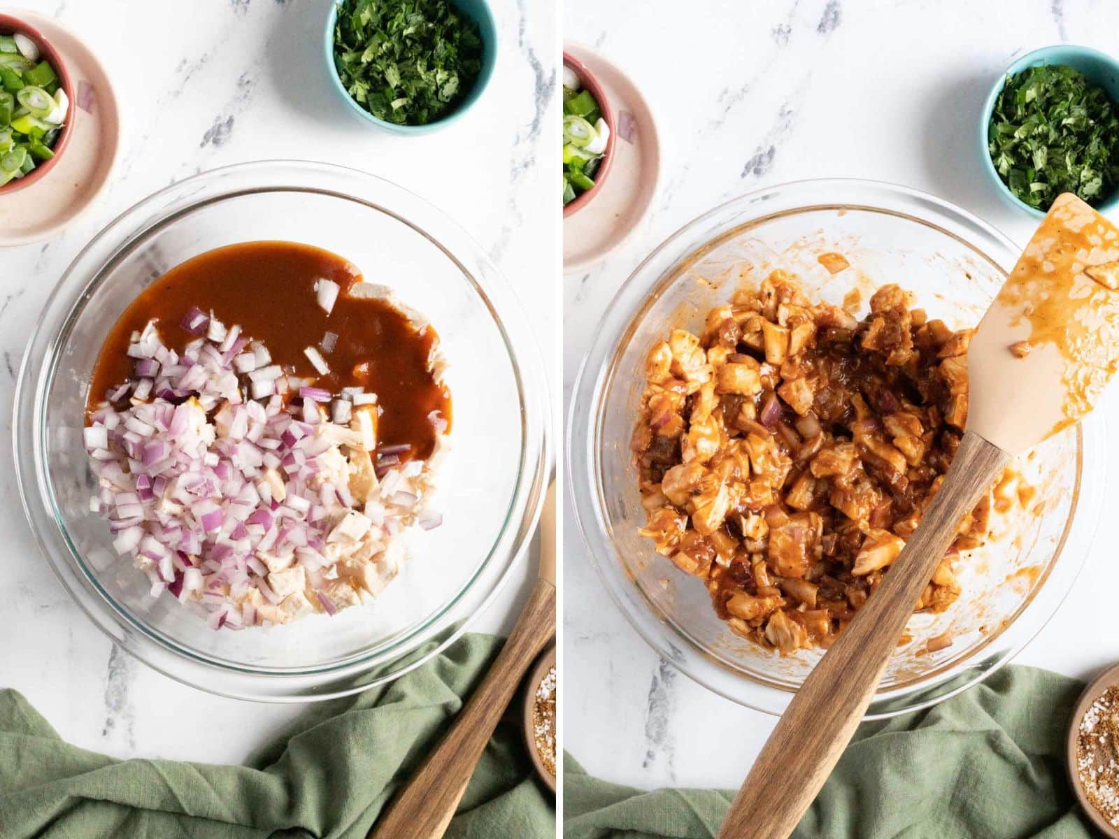 Side-by-side images of a bowl: left shows chopped onions and sauce, right shows the mixture stirred. Green cloth and bowls with chopped herbs nearby.