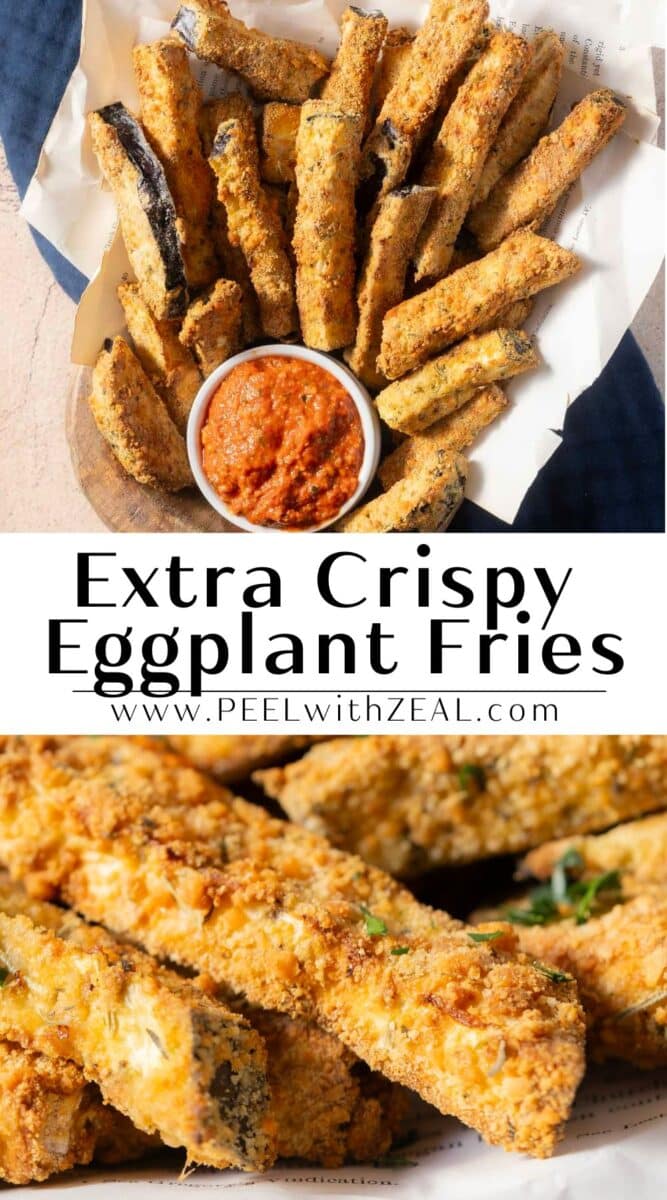 A plate of crispy eggplant fries is arranged around a small bowl of dipping sauce. The text reads, "Extra Crispy Eggplant Fries" with a website link below.