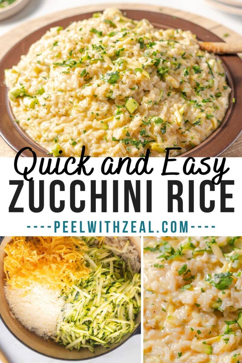 A bowl of zucchini rice topped with herbs, with preparation ingredients and instructions visible in the background.
