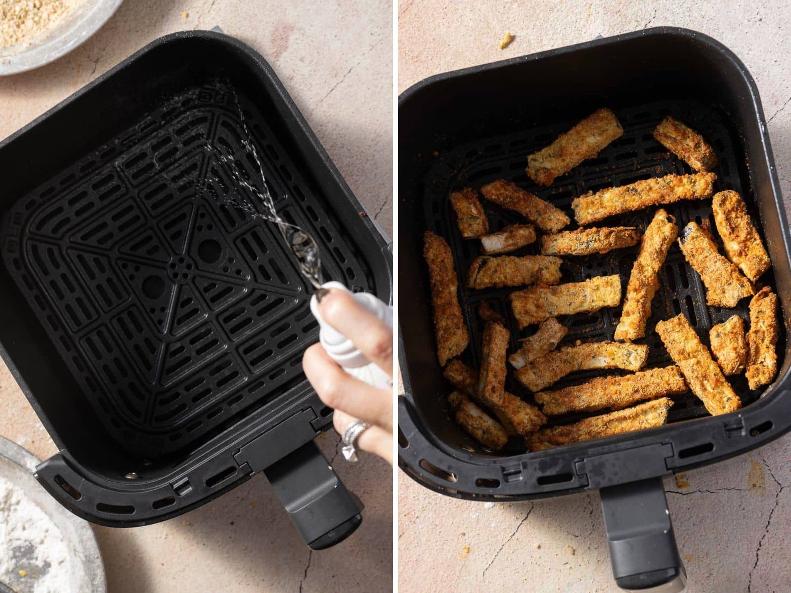 Two images: Left shows an air fryer basket being sprayed with oil. Right shows cooked breaded sticks inside the air fryer.