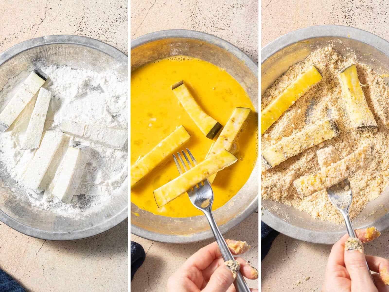 Three-step breading process for zucchini sticks: rolled in flour, dipped in beaten eggs, and coated with breadcrumbs on separate plates. A hand holds a fork in each step.