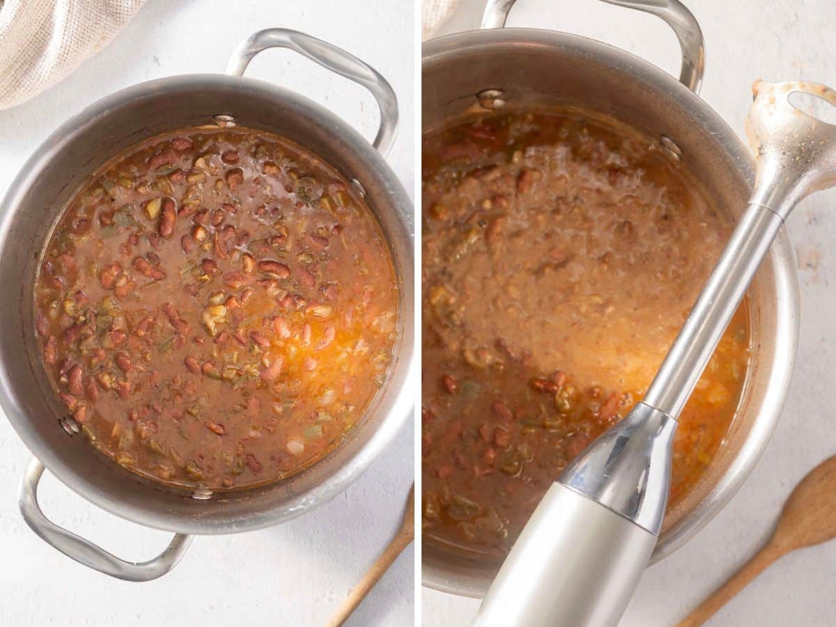 A pot of cooked red beans shown before and during blending with an immersion blender.
