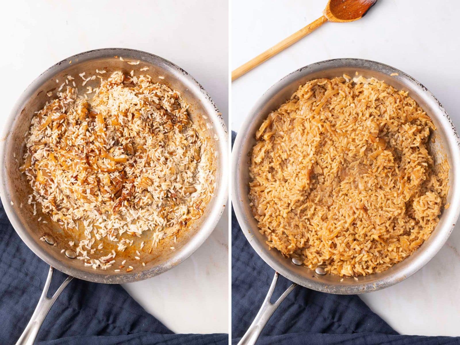 Two side-by-side images of a skillet with brown rice. Left: rice with visible spices. Right: rice mixed and cooked evenly. Wooden spoon on the side, blue cloth underneath.