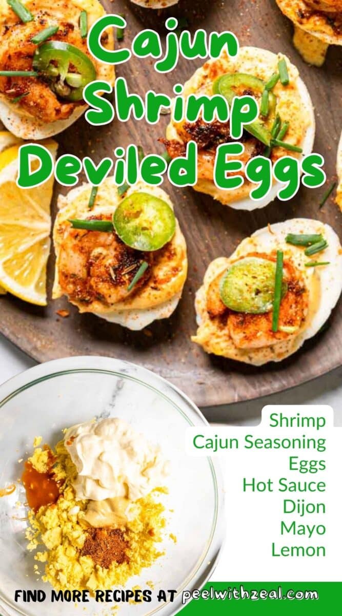Deviled eggs topped with shrimp, jalapeños, and Cajun seasoning. Ingredients listed: shrimp, Cajun seasoning, eggs, hot sauce, Dijon, mayo, lemon.