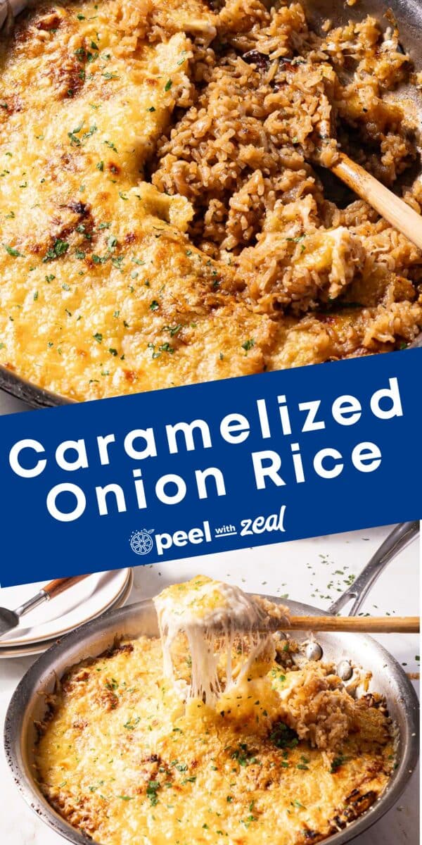 A skillet filled with caramelized onion rice topped with melted cheese.