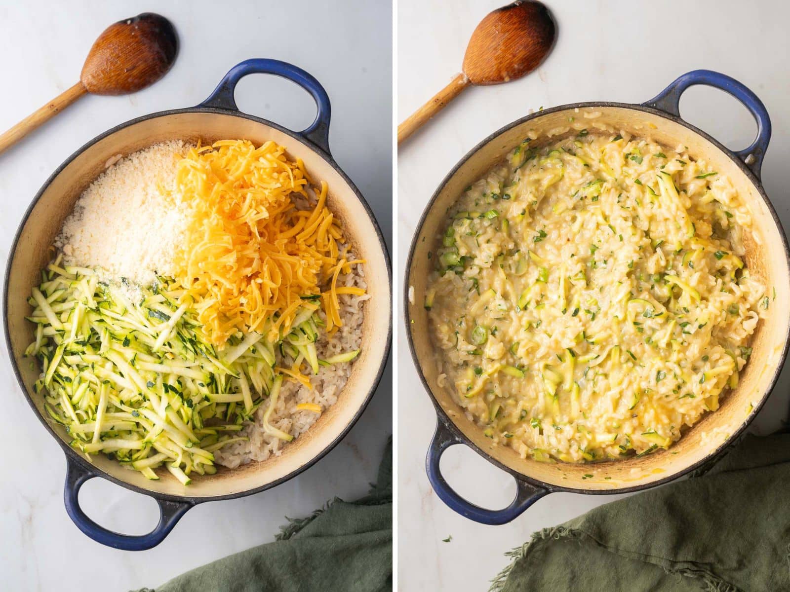 Two side-by-side images of a pot: left shows uncooked rice, grated zucchini, and cheese; right shows cooked creamy risotto. Wooden spoon on the side.