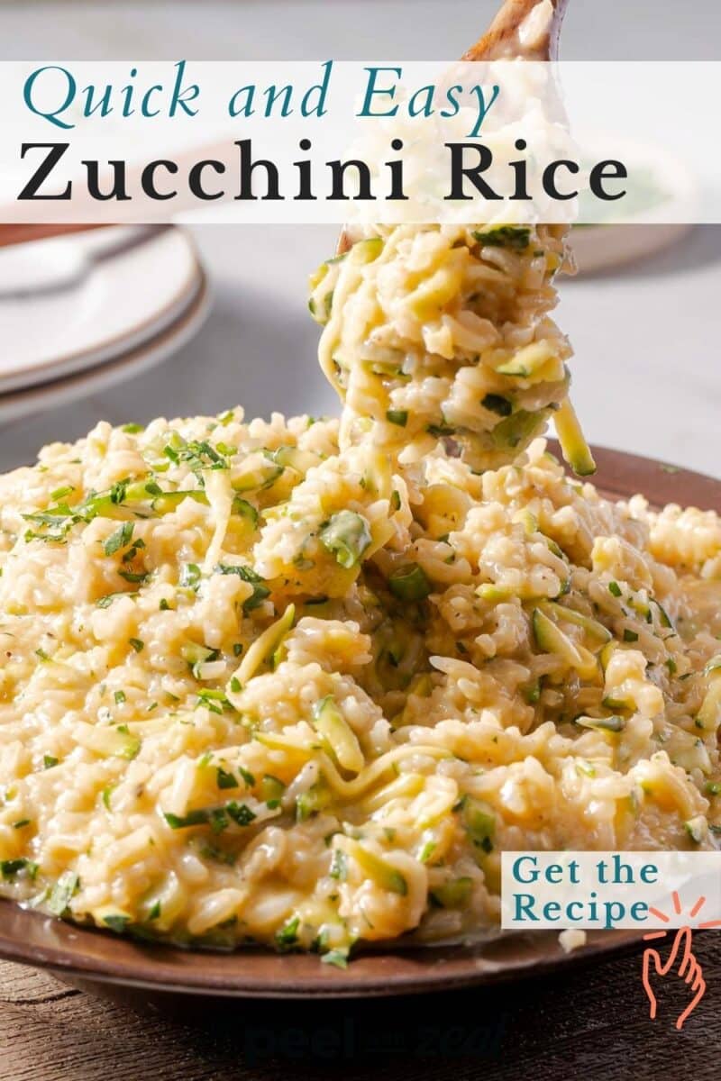 A plate of zucchini rice is being served with a wooden spoon. The text reads, "Quick and Easy Zucchini Rice" with an invitation to "Get the Recipe.