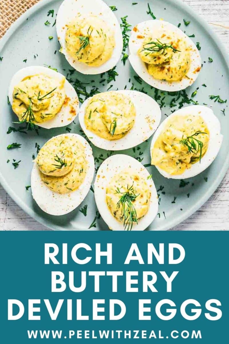 A plate of deviled eggs garnished with herbs, with text reading: "Rich and Buttery Deviled Eggs" and a website URL below.