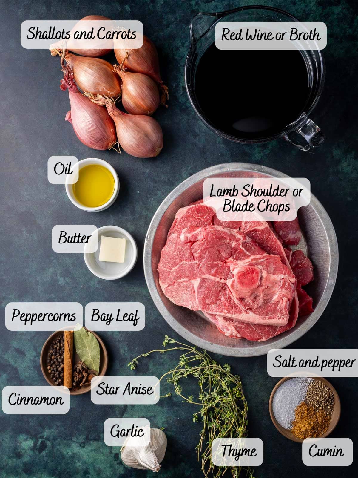 The dish features braised lamb shoulder, enhanced by shallots, carrots, and your choice of red wine or broth. A savory blend of oil, butter, thyme, garlic, bay leaf, peppercorns, cumin, cinnamon, star anise enriches the flavor with a dash of salt and pepper.