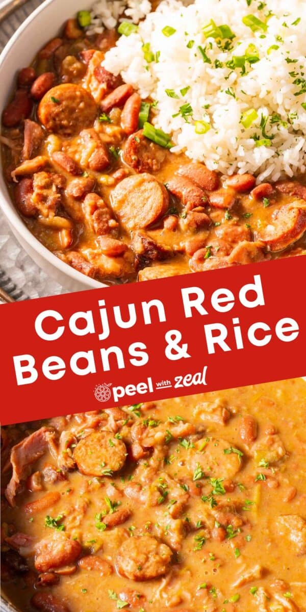 Bowl of Cajun red beans and rice with sliced sausage, garnished with herbs. Top half shows dish with rice; bottom half is a closer view of the beans and sausage.