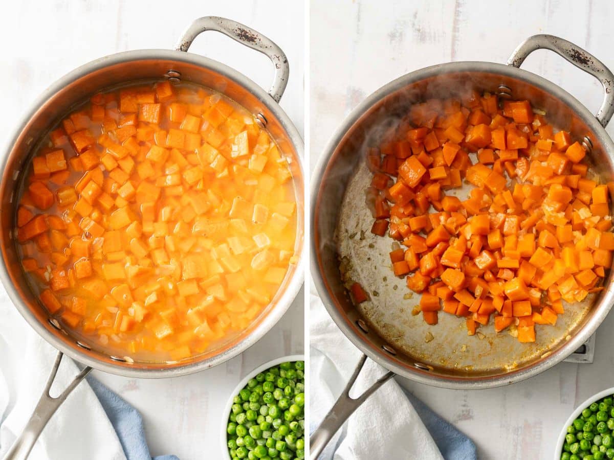 Two side-by-side images of a pan: left shows diced carrots and peas boiling in water, right showcases the same carrots sautéed to perfection with a browning effect. A small dish of green peas is visible below.