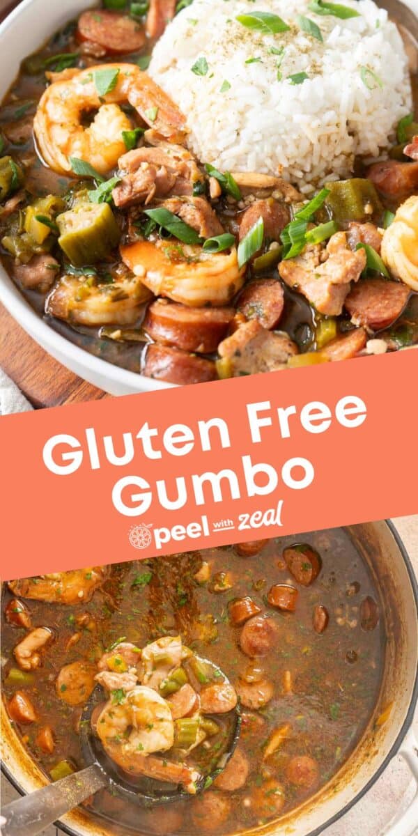 Bowl of gluten-free gumbo with rice, shrimp, sausage, and vegetables. A pot of gumbo is shown below with "Gluten Free Gumbo" text overlaid.