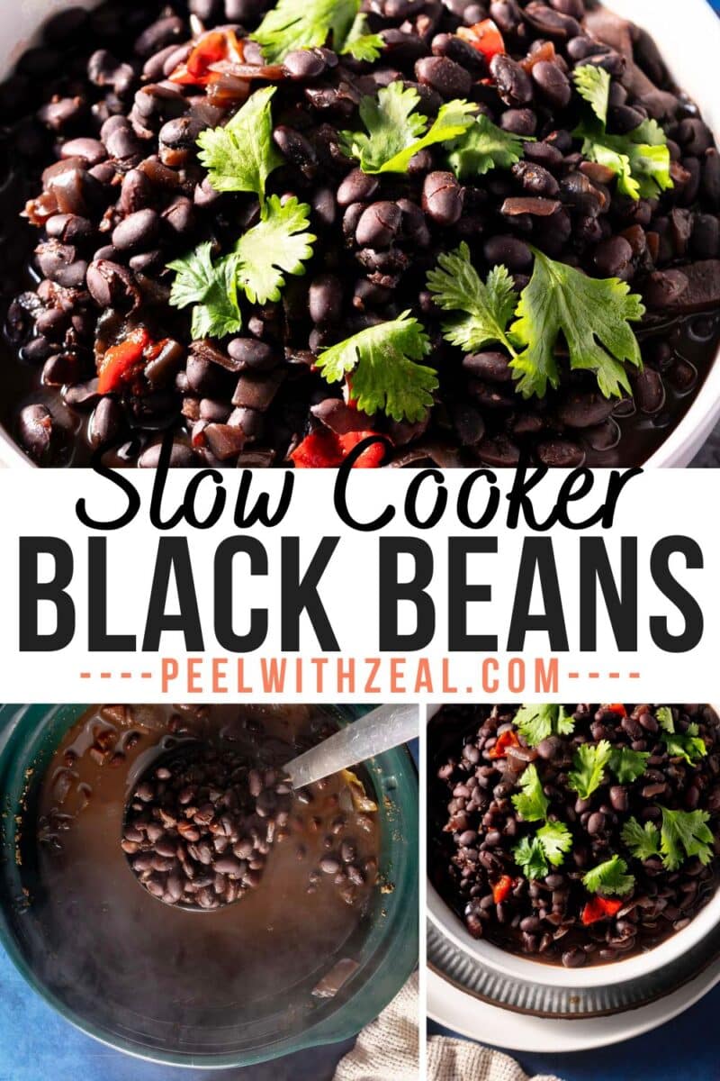 Collage of slow-cooked black beans with cilantro garnishes, featuring a website URL and recipe title.