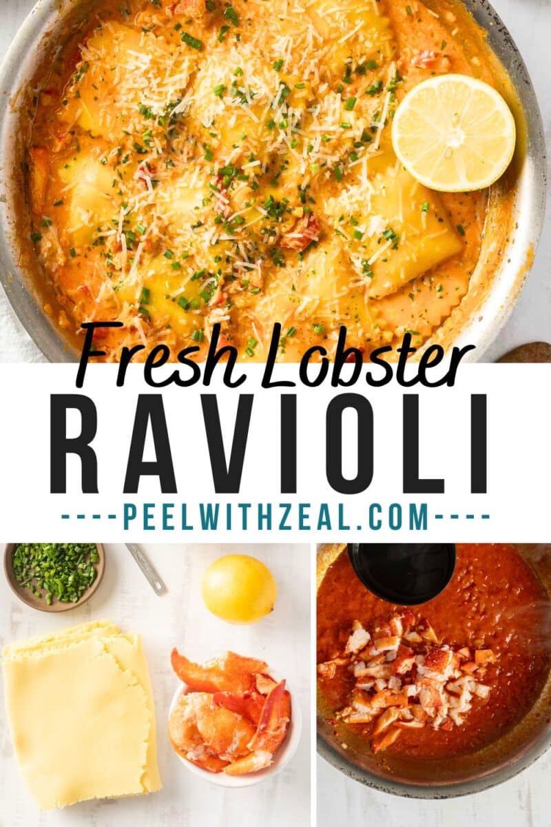 Collage of lobster ravioli preparation with sauce, lemon, and herbs. Top image shows finished dish with grated cheese.