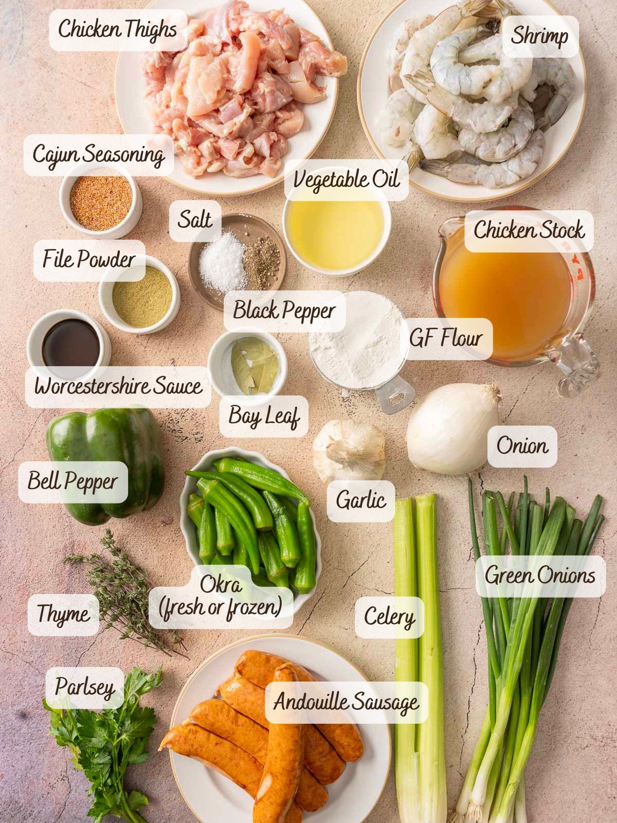 Ingredients for gluten-free gumbo laid out on a surface, including chicken thighs, shrimp, andouille sausage, vegetables, spices, and seasonings, each labeled with its name.