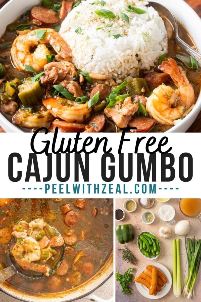 A bowl of gluten-free Cajun gumbo with shrimp, sausage, okra, rice, and green onions. Below are ingredients and a website link.