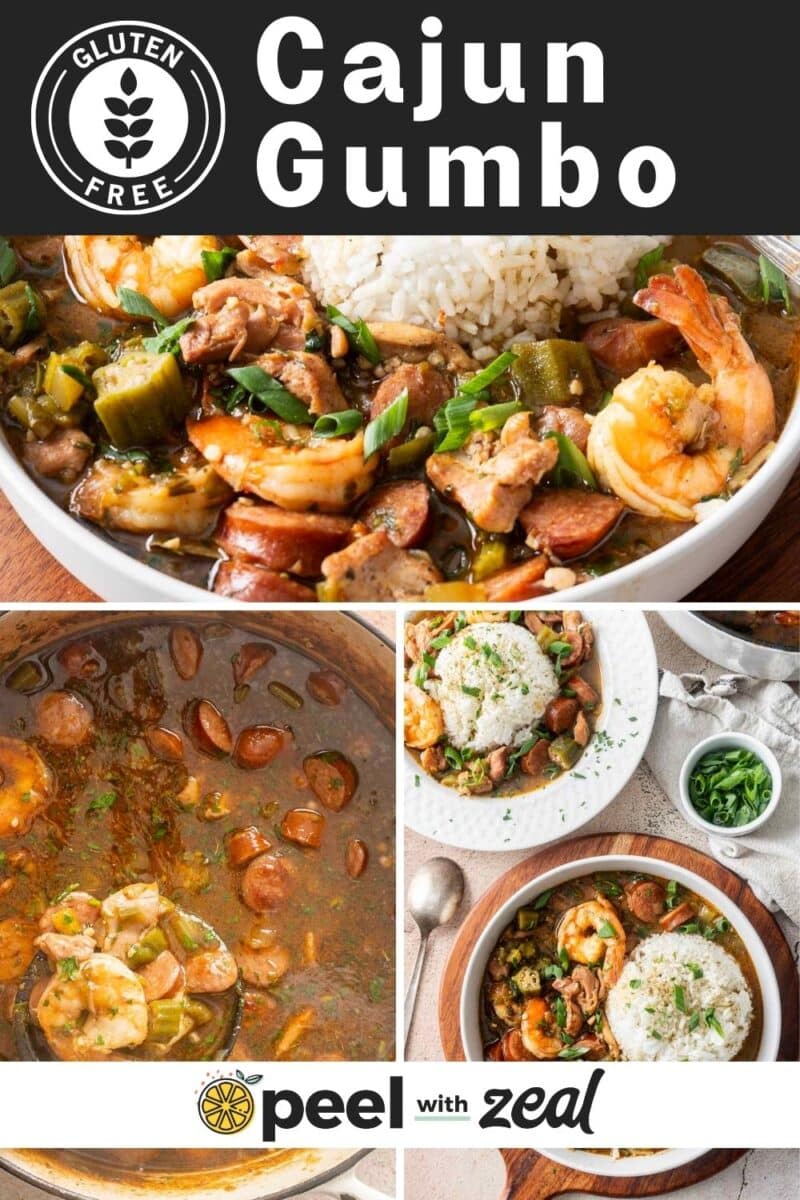 A collage of Cajun gumbo, featuring a bowl with rice, shrimp, and sausage, labeled "Gluten Free" and "Cajun Gumbo." Includes cooking and serving images, with a "peel with zeal" logo.