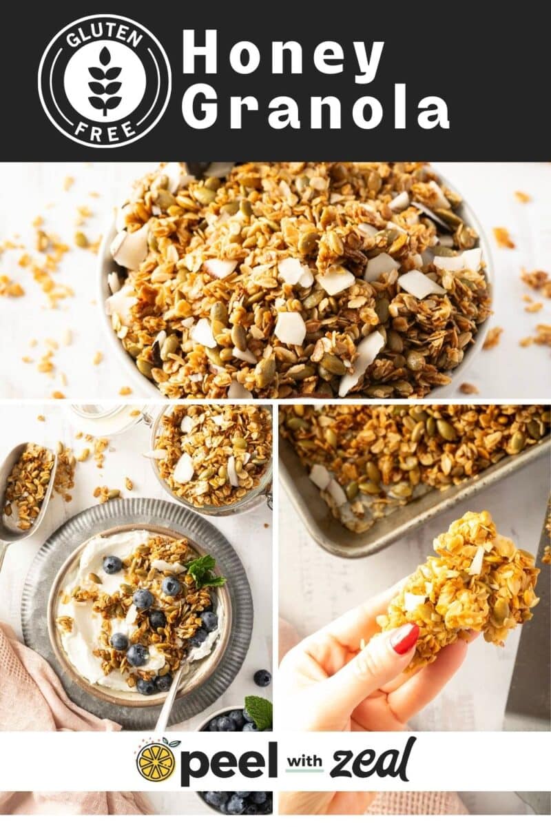 Collage image of honey granola with a gluten-free label, featuring bowls of granola, a hand holding a granola bar, and granola over yogurt with blueberries and seeds.