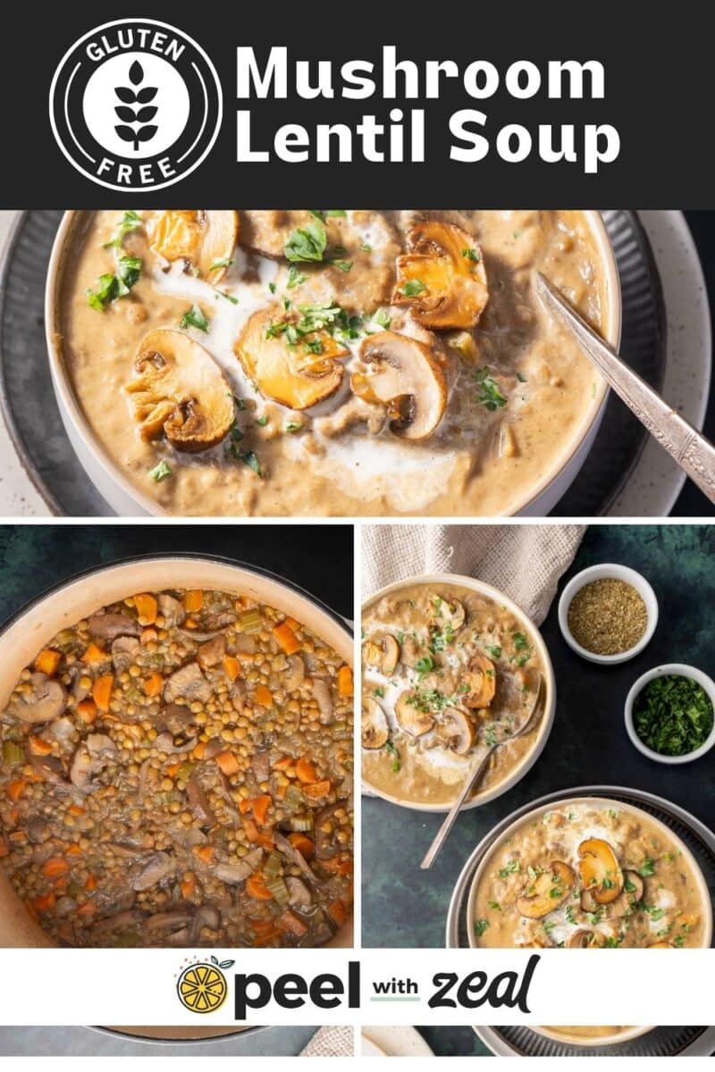 Collage showcasing a bowl of mushroom lentil soup with ingredients and preparation steps. Labeled as gluten-free with a logo.