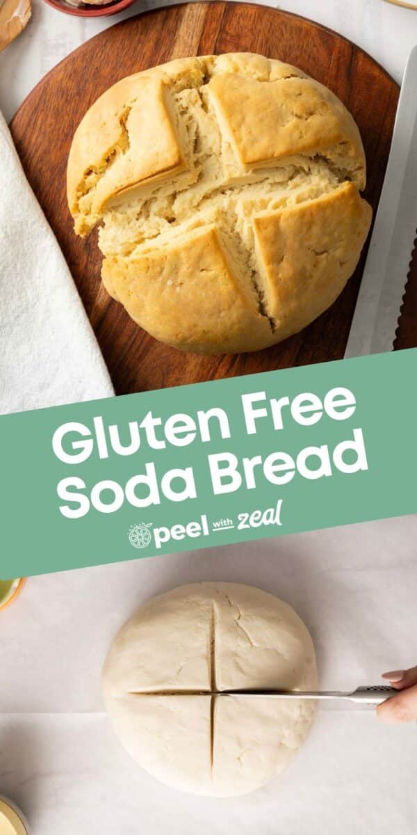 A round loaf of gluten-free soda bread with a cross cut on top, partially sliced. Below, uncooked dough being cut with a knife. Text overlay reads, "Gluten Free Soda Bread.