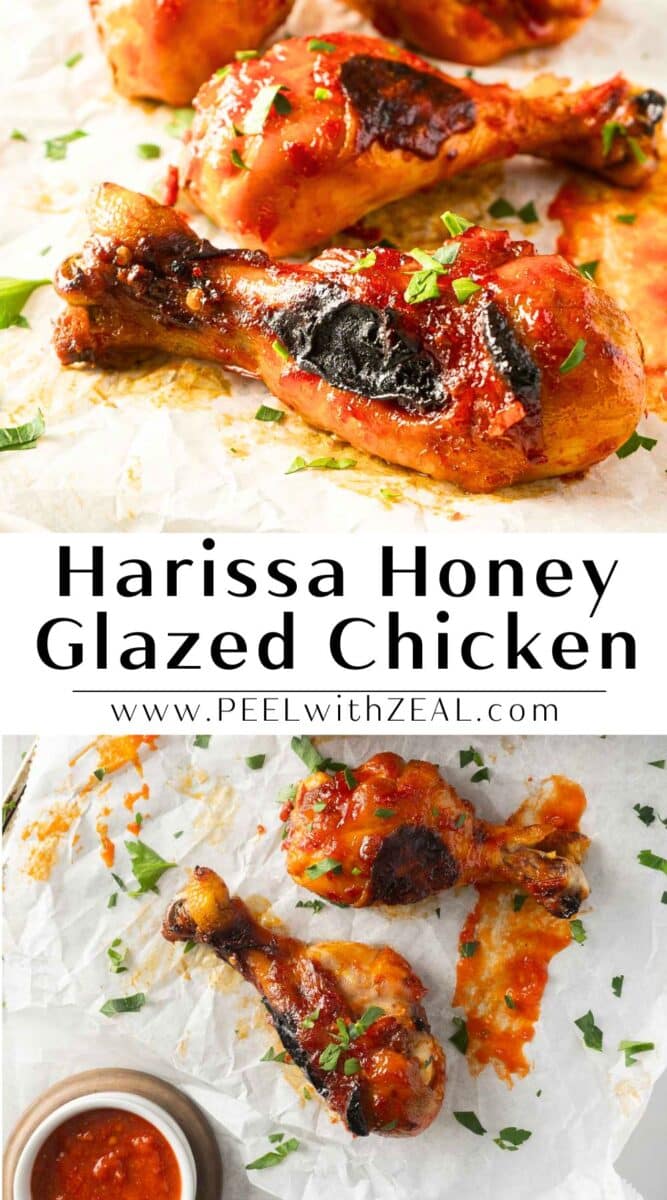 Three glazed chicken drumsticks with sauce and herbs on parchment paper, captioned "Harissa Honey Glazed Chicken" with a website link.