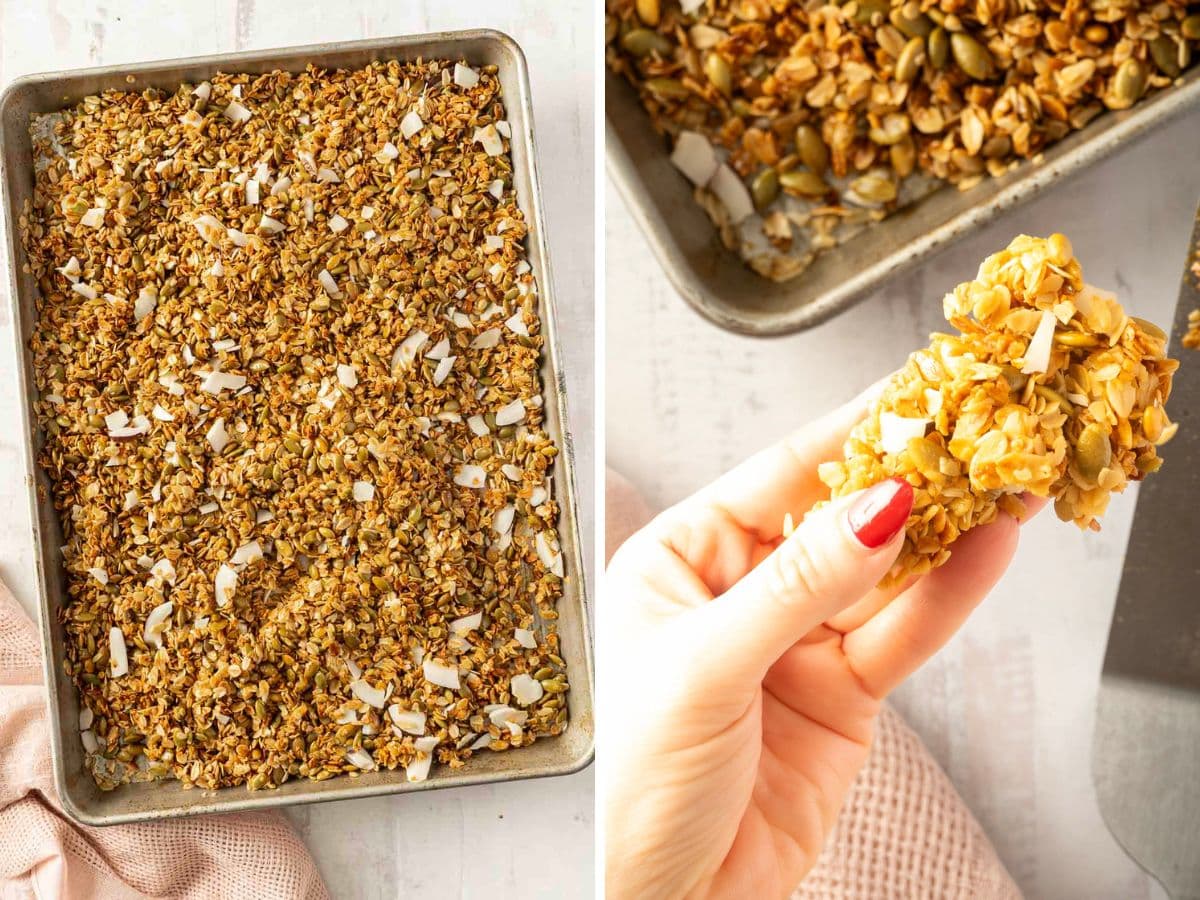 A baking sheet with granola mix on the left. A hand holds a granola bar piece on the right, showing seeds and oats.