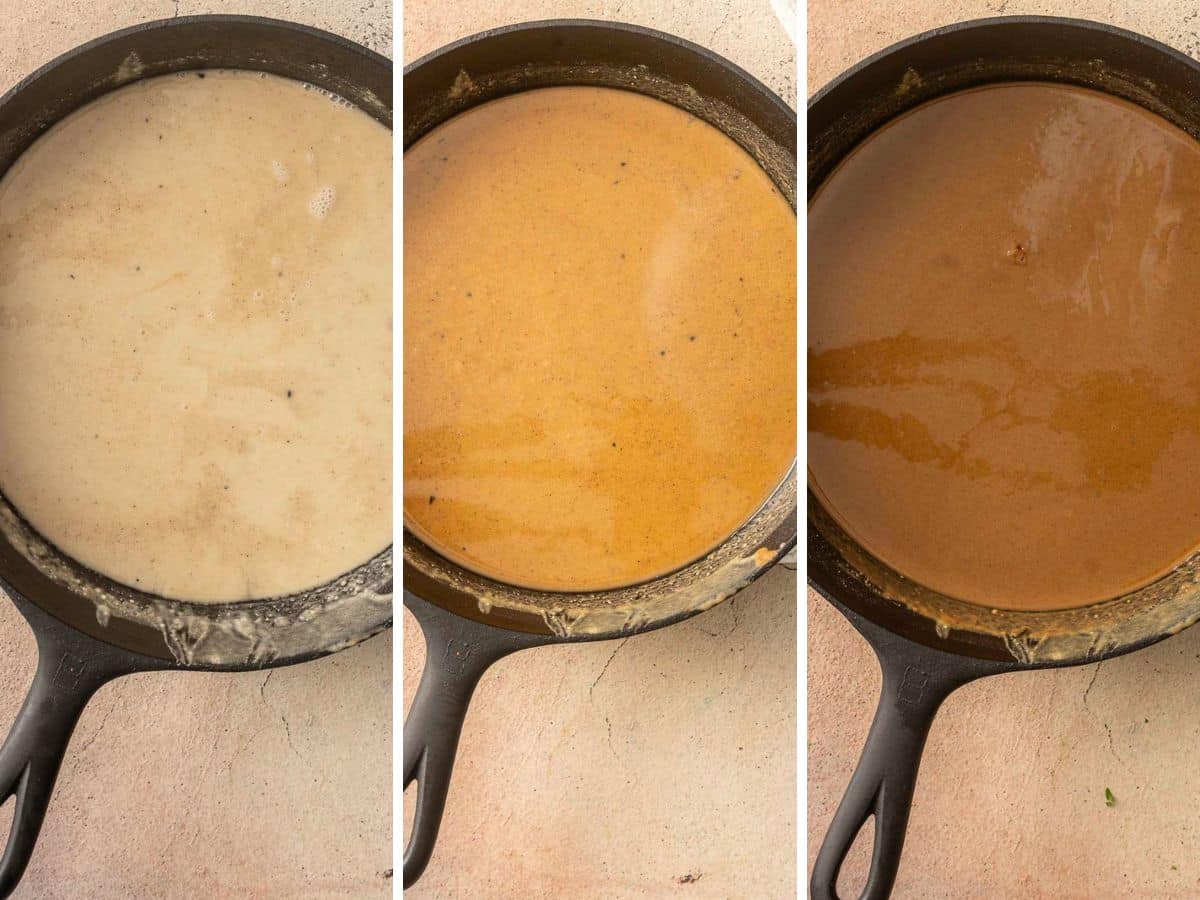 Three stages of making gravy in a cast iron skillet: light beige roux, medium brown sauce, and dark brown finished gravy, reminiscent of gumbo, all on a beige countertop.